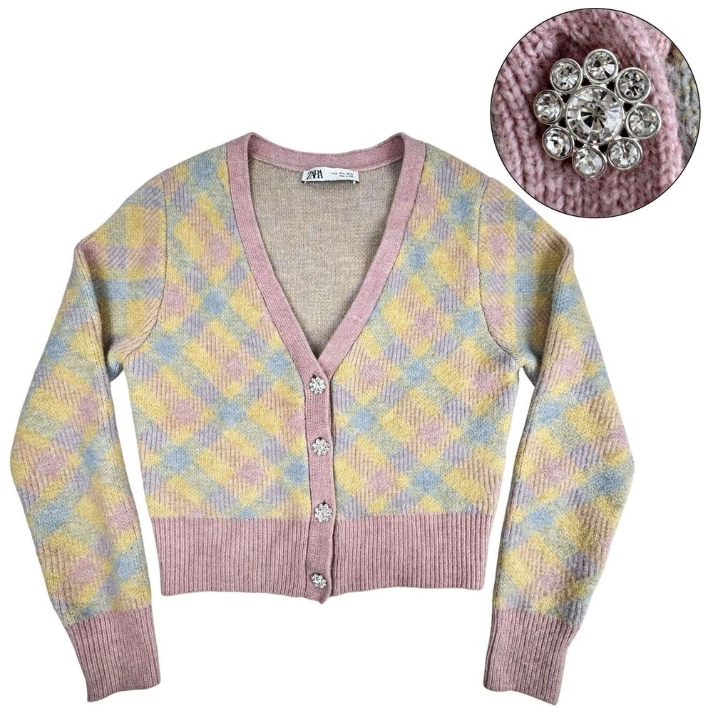 Zara Pastel Argyle Cardigan Womens S Rhinestone Button Preppy Soft Girl Academia - Picture 1 of 13